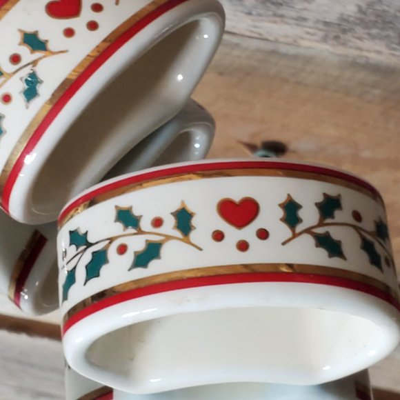 Porcelain Christmas Napkin Rings by Crowning Touch - Hearts, Holly, 24K Gold - Picture 3 of 9